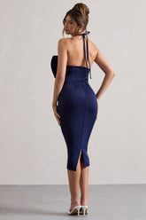 Navy Halter-Neck Midi Dress With Bow